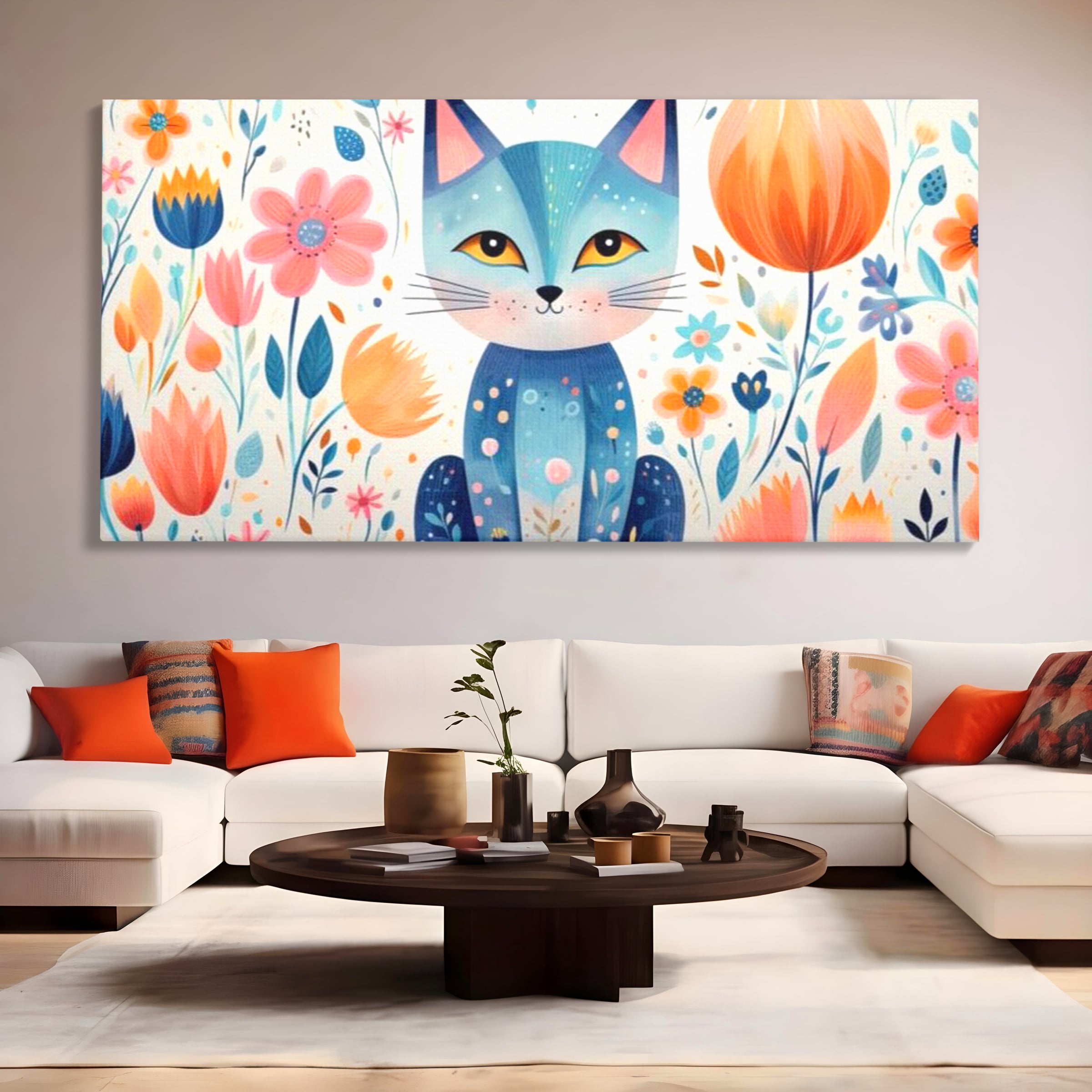 Tablou canvas cu ilustratie digitala cu pisica albastra si flori, fara rama, pe sasiu de lemn, pe perete intr-un living